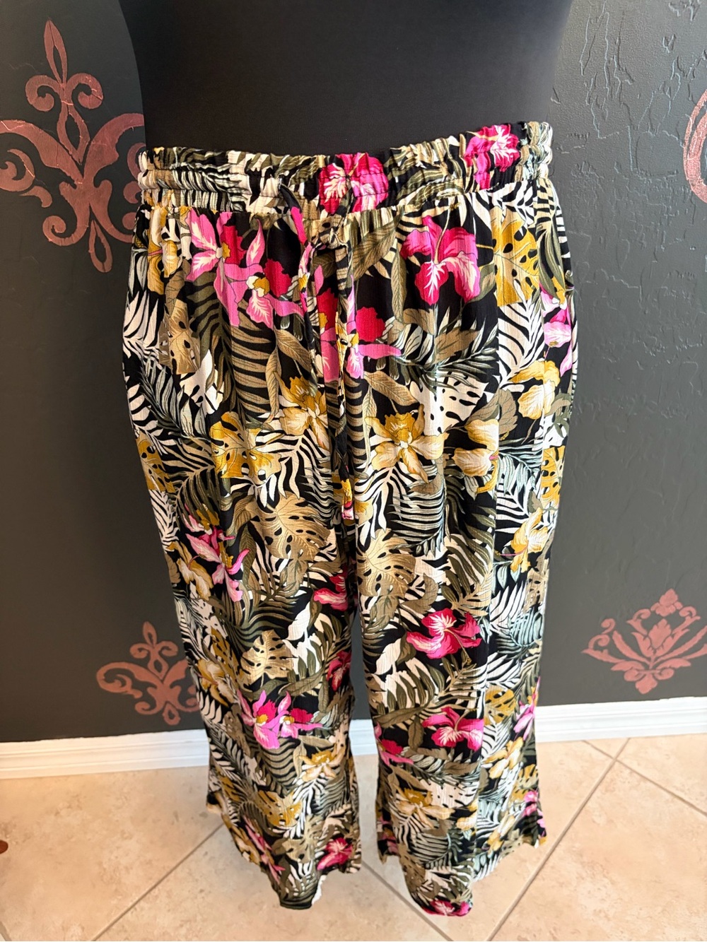 Robert Louis Tropical Floral Wide-Leg Pants in Black, Pink & Olive